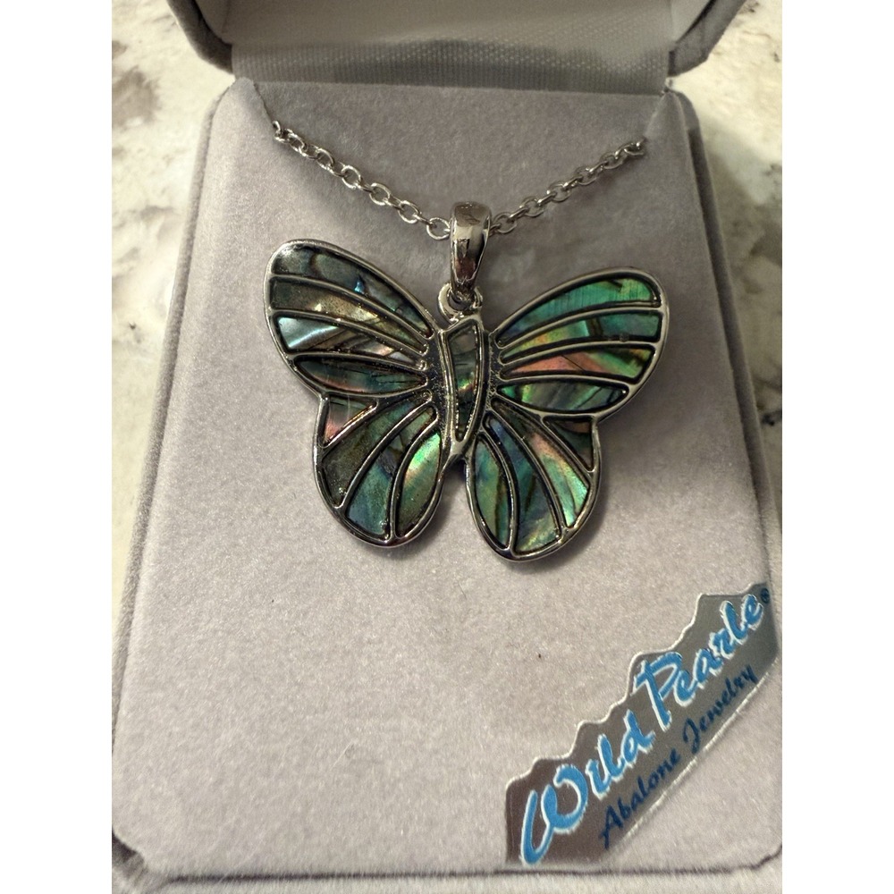 Abalone Butterfly Necklace Silver Tone NEW 18-20"